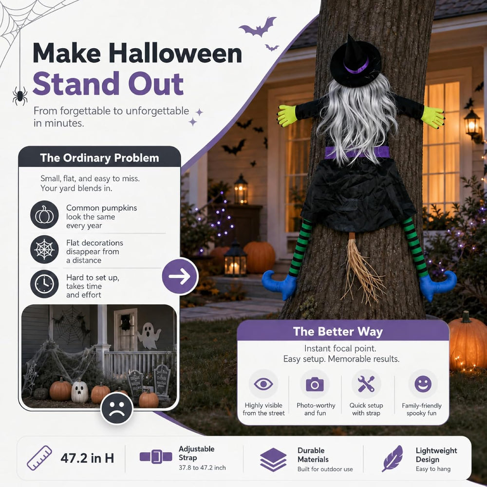 Halloween Decoration Outdoor, Tree Hugging Witch with Silver Gray Hair