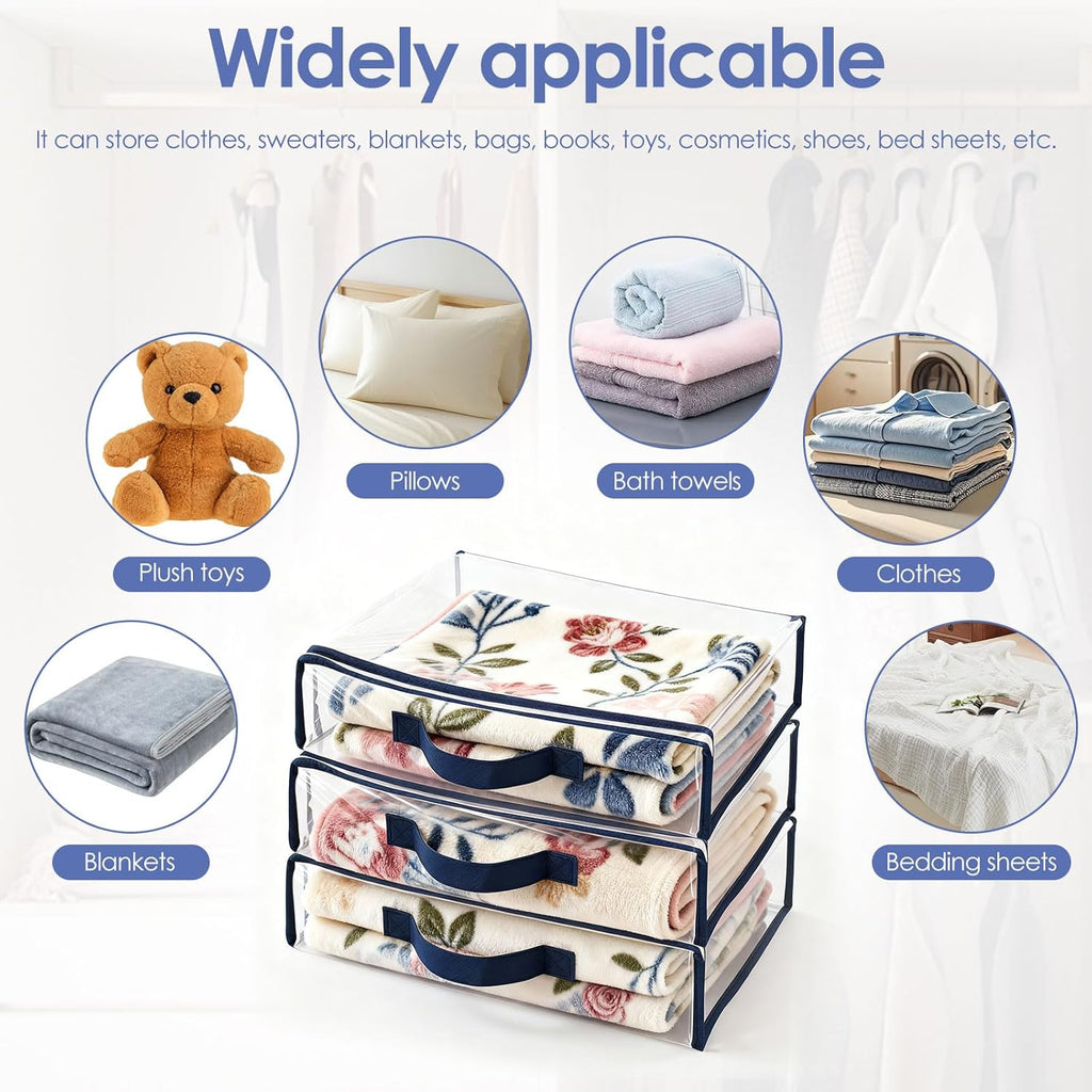 12 Pack Clear Storage Bags with Zipper 12L Blanket Storage Bag Waterproof Dustproof Bedding Storage Organizer Foldable Clothes Containers with Handle for Comforter Sweater Sheet 15.7x11.8x3.9 Inch