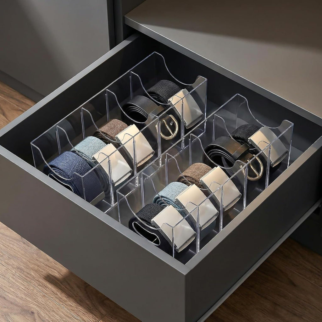 Kifmurase 2PCS Belts Organizer Acrylic Belt Storage Holder Purse Organizer for Closet with Removable Dividers, 5 Compartments Clear Belt Drawer Display and Storage Case for Ties Socks Underwear