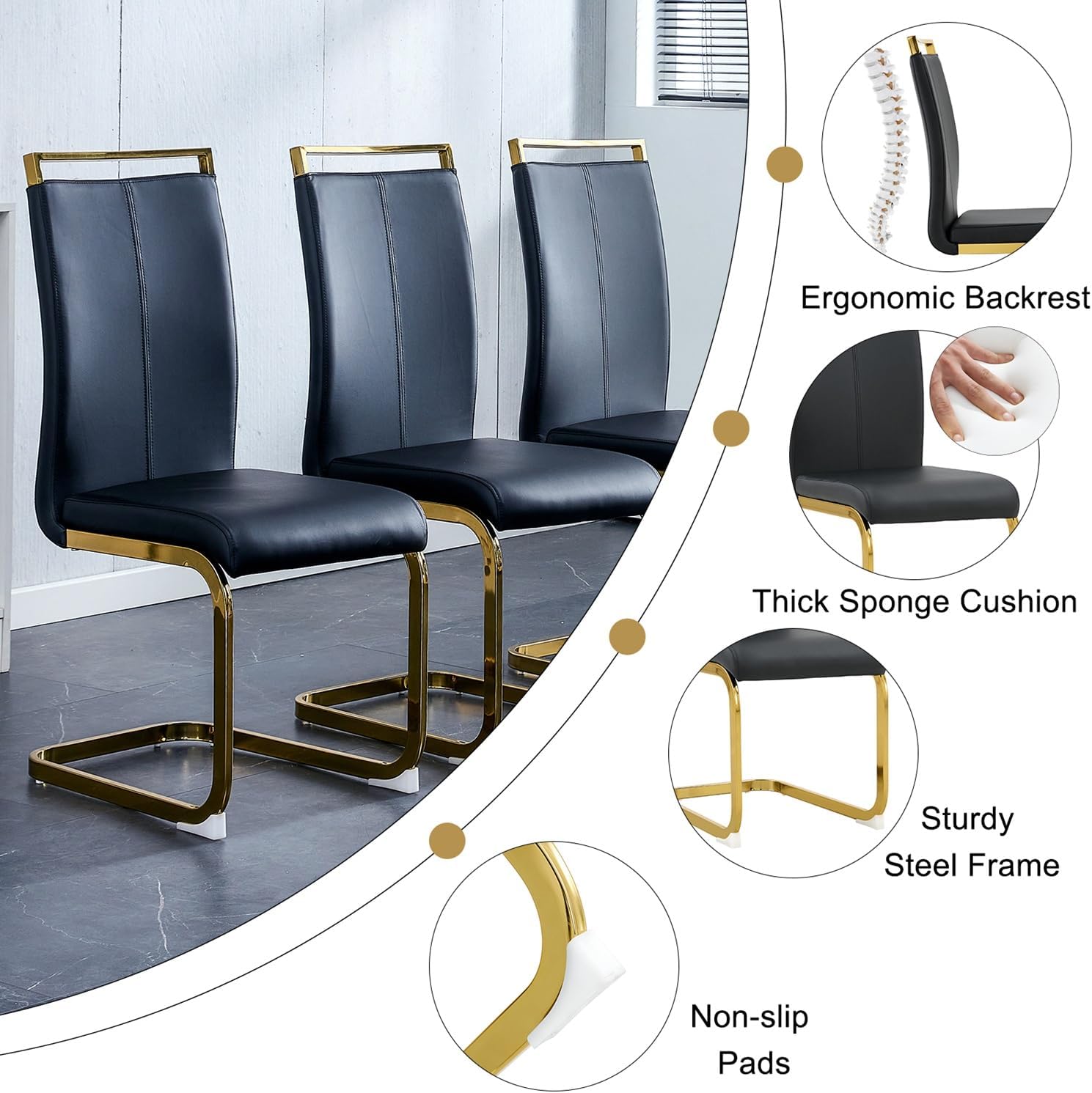 Modern Dining Table Set for 6, 55" Black Dining Table Set with 6 Faux Leather Chairs, Black Glossy Tabletop with Golden Stainless Steel Legs, 7 Piece Dinning Set Ideal for Small Space