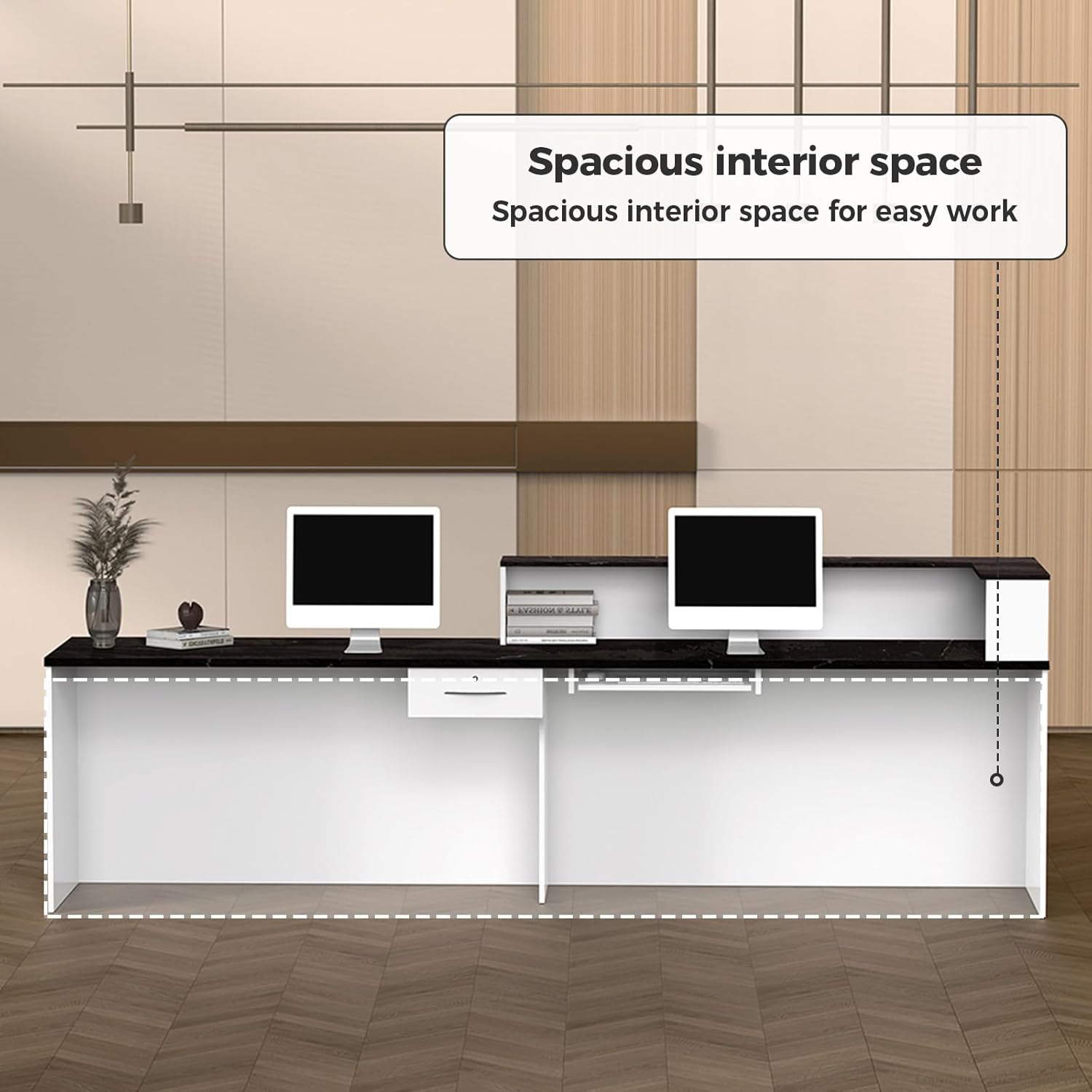 L Shape Reception Desk with Counter, Lockable Drawer, Keyboard Tray, and Double-Layer Storage for Salon, Office, or Clinic (White+Black/Right, 71" L*24" W*39" H)