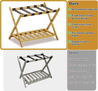 BAMBOOHOMIE Full Assembled Luggage Rack Set of 2, Bamboo Luggage Holder Rack for Guest Room, 26.77" L Folding Suitcase Stand with 5 Nylon Straps & Storage Shelf for Bedroom Hotel (2 Pack - Natural)