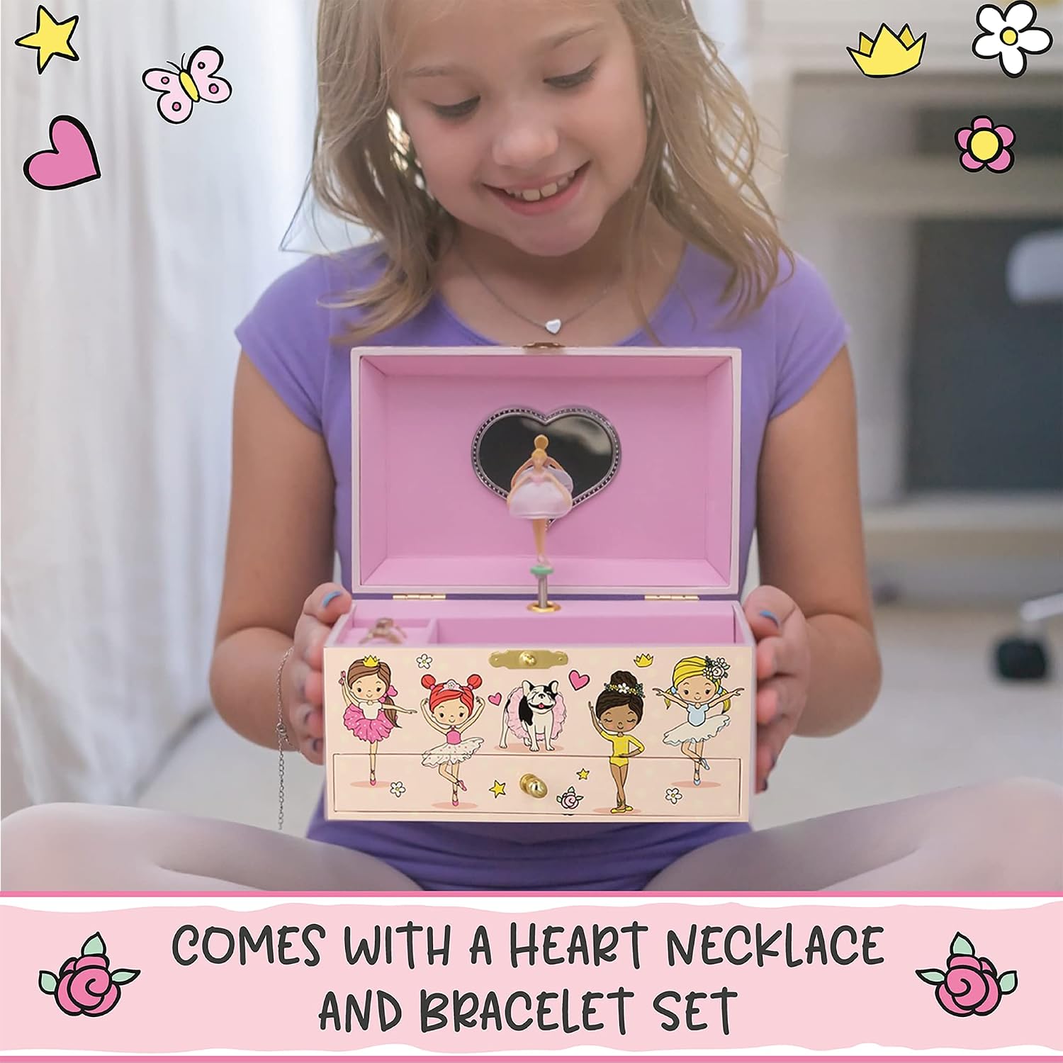 Ballerina Musical Jewelry Box for Girls - Glow In The Dark - Organizer with Heart Necklace and Bracelet Set - Cute Ballerina Music Box for Little Girls