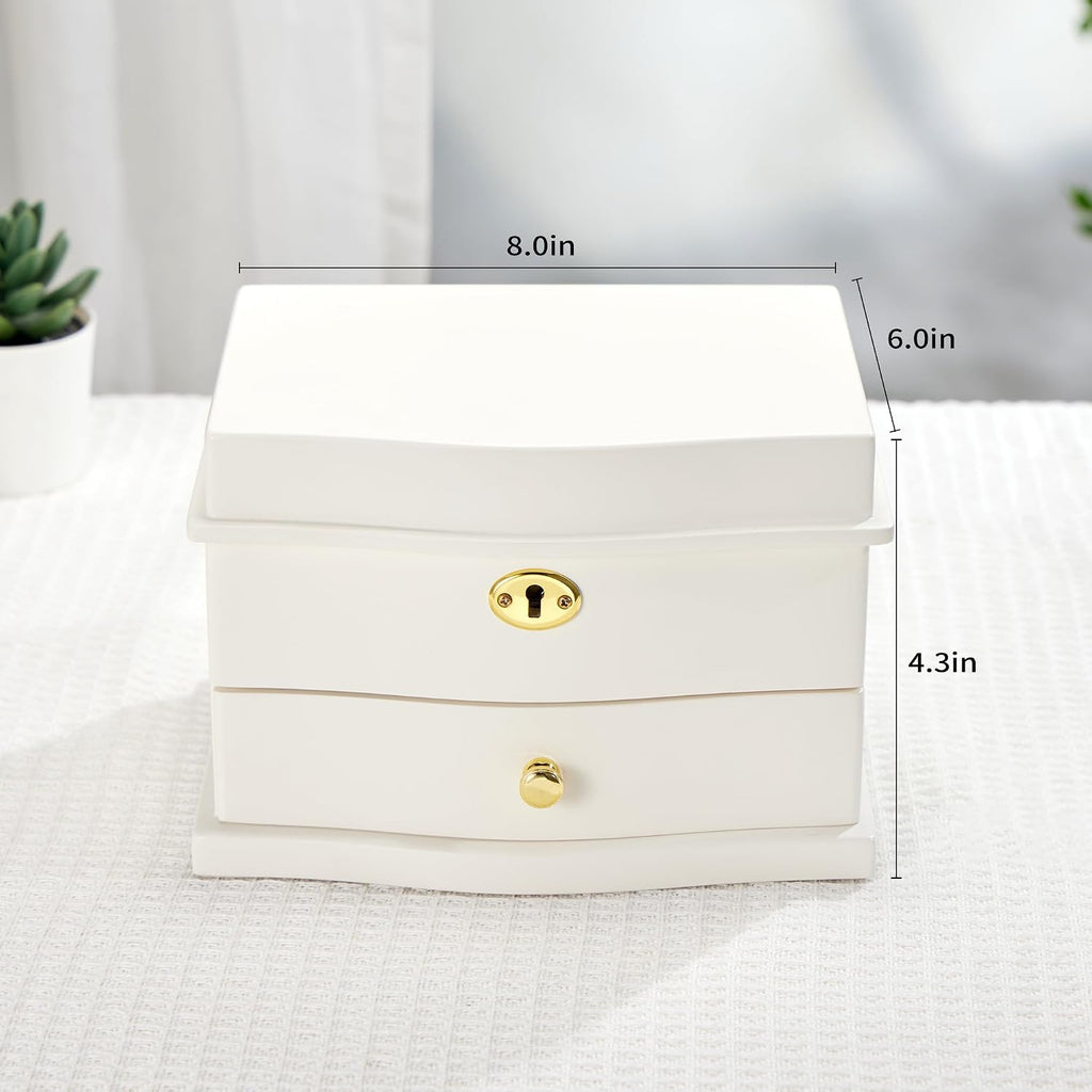 Ballerina Musical Jewelry Box with Mirror for girls，Kid's Jewelry Storage Music Chest (White-L)