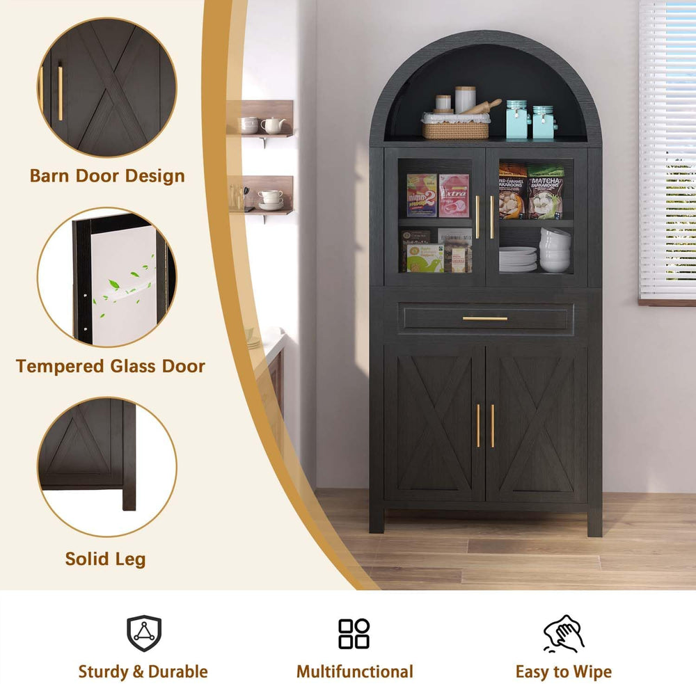 71" Tall Arched Kitchen Pantry Cabinet with Glass Door, Versatile Cupboa...