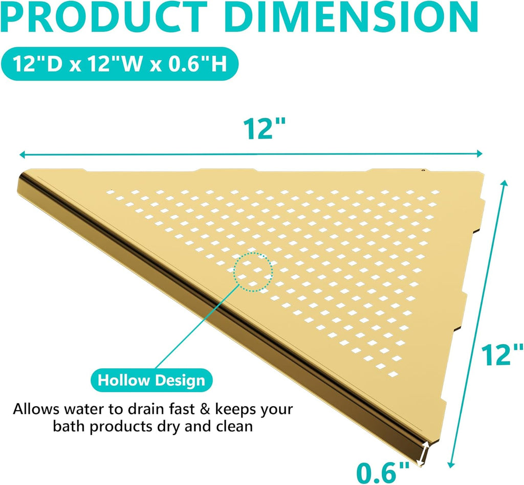 Bathroom Corner Shelf, Recessed 12" Shower Shelf Caddy, SUS304 Stainless Steel Shelf Wall Mount Triangular, No Drilling, Brushed Golden