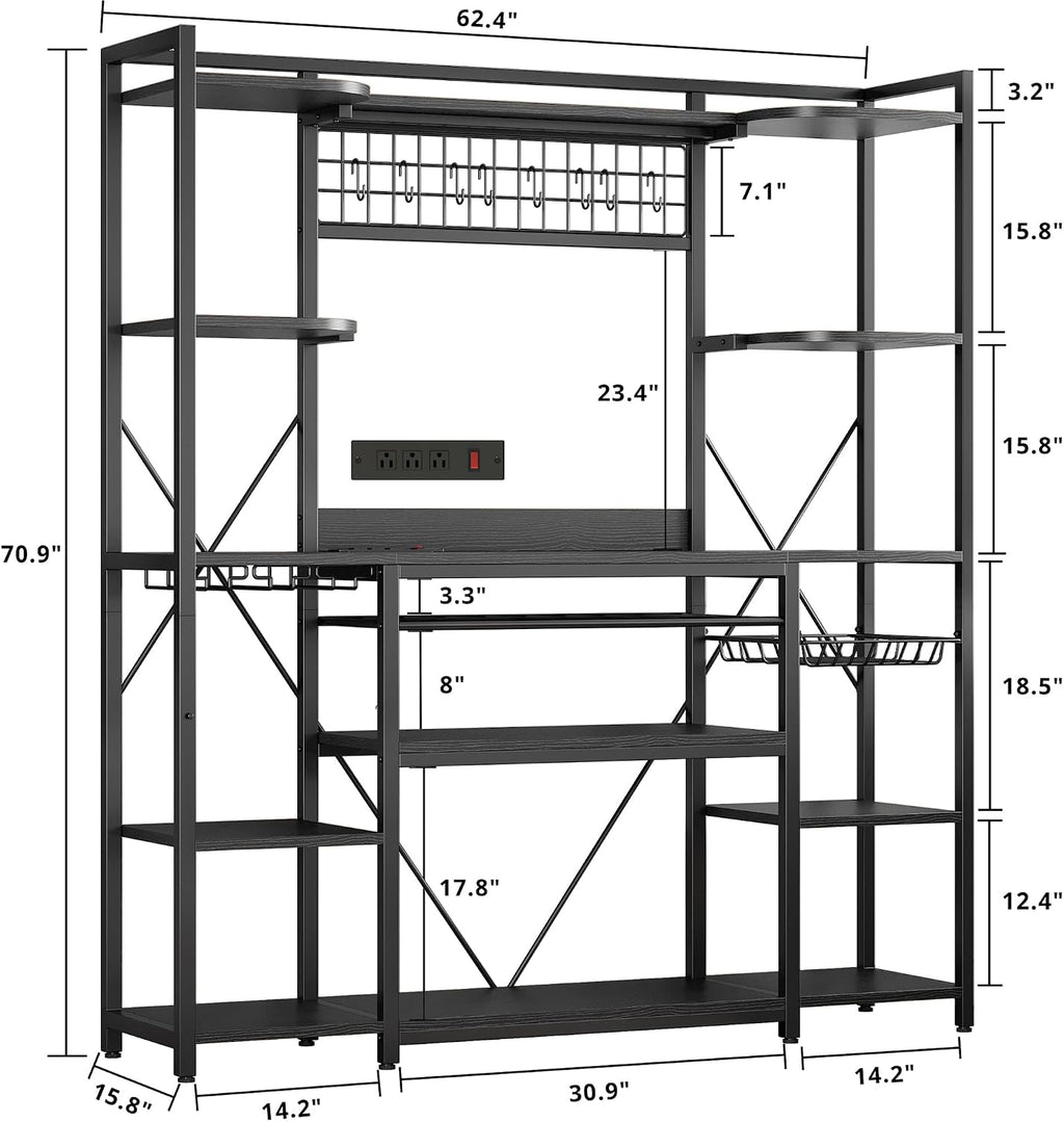 IRONCK Large Bakers Rack with Power Outlet, 62 Inch Wide Microwave Stand, Coffee Bar with Storage, Kitchen Racks and Shelves, Vintage Black