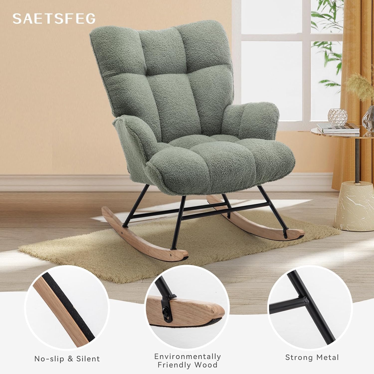SAETSFEG Rocking Chair Nursery Teddy Upholstered Glider Rocker Rocking Accent Chair Padded Seat with High Backrest Armchair Comfy Side Chair for Living Room Bedroom Offices (Green Teddy)