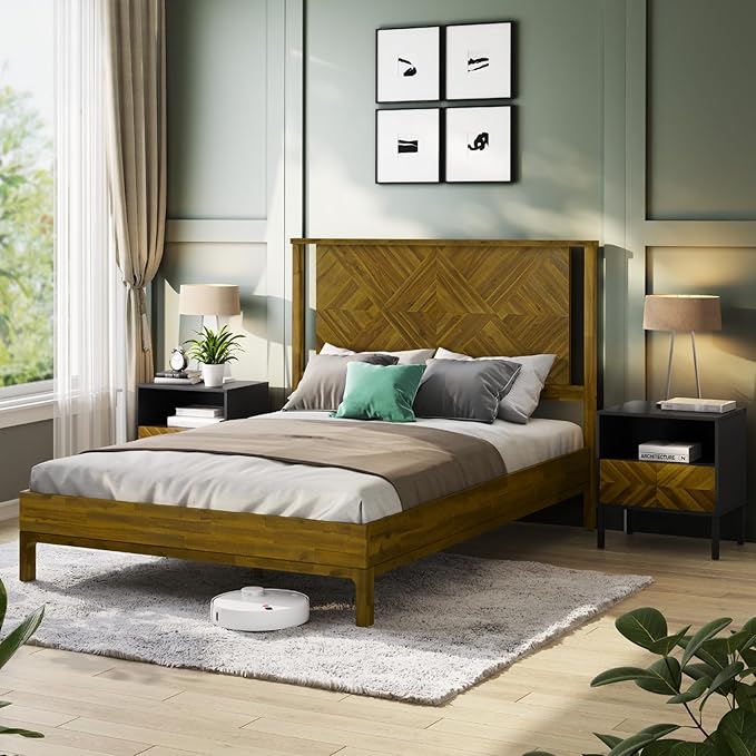 Bme Ethan Queen Bed Frame with Diamond Headboard, Mid-Century Modern, Solid Acacia Wood, No Box Spring Needed, Fits All Mattresses, Rustic Brown