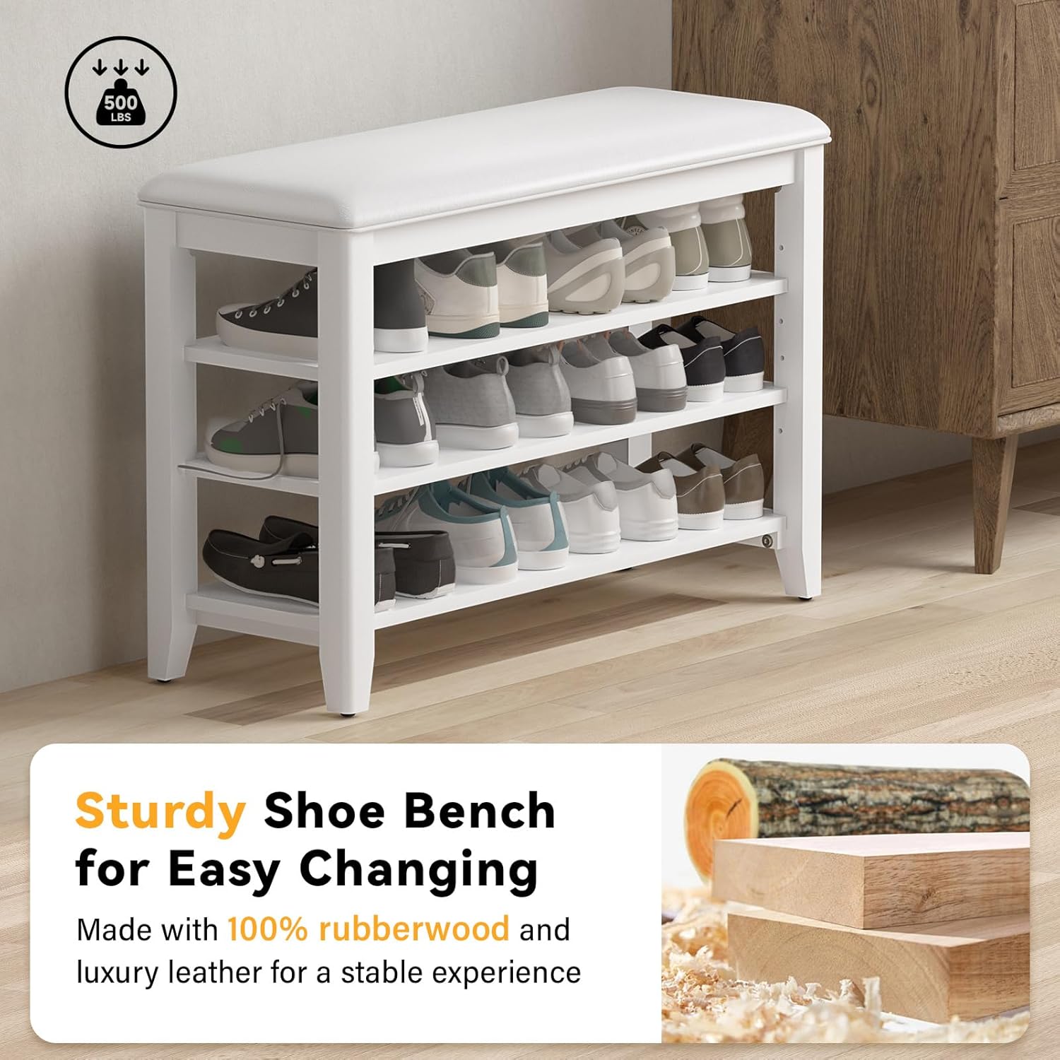 Entryway Shoe Storage Bench with Leather Cushion, Shoe Organizer Bench for Entryway, Ideal for Hallways Front Doors Entrances Mudrooms Featuring Rubberwood And 3 Height-Adjustable & Removable Shelve