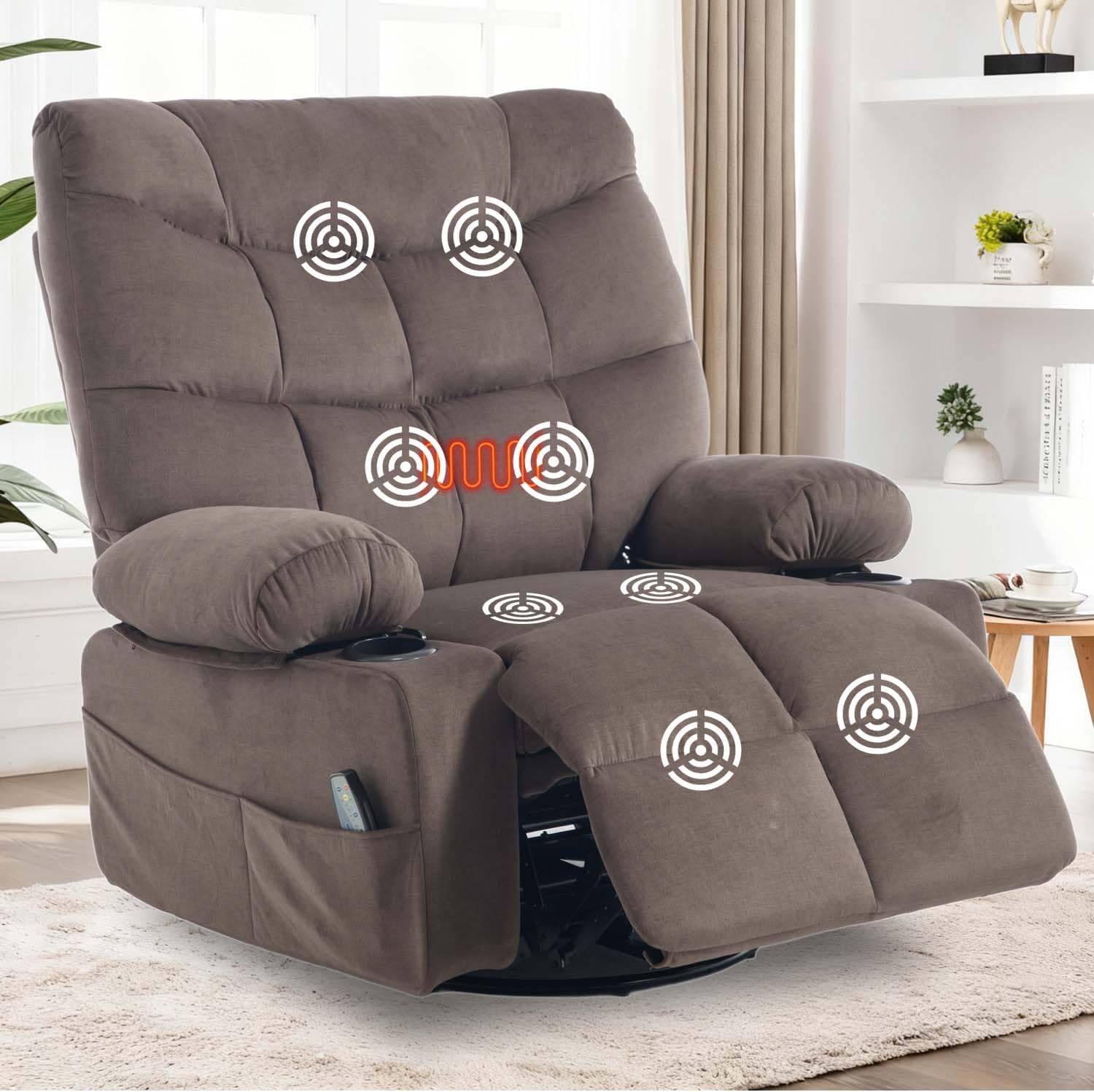 KCQ Overstuffed Swivel Rocker Recliner Chair with Massage and Heat, Fabric Heated Reclining Chairs Manual Recliner with Cup Holder, Nursery Rocking Recliner Glider Chair, Brown