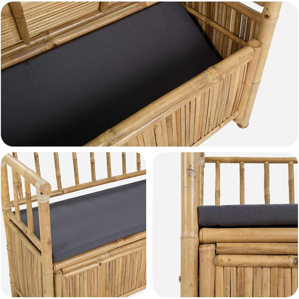 Bamboo Garden Storage Bench 110 x 47 x 80 cm, Outdoor Patio Seat with Hidden ...
