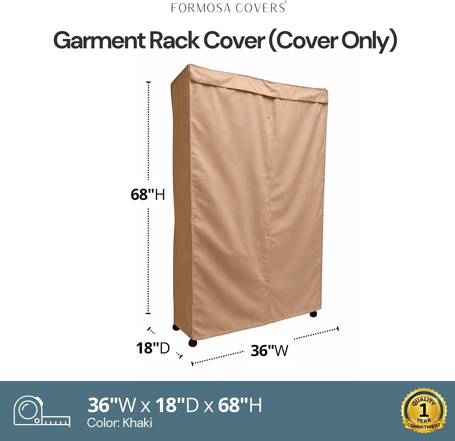Formosa Covers Portable Garment Rolling Rack Cover - Protect Your Clothes from Dust Keep Your Room Looking Organized in Beige Khaki (Cover Only) (36" W x 18" D x 68" H)