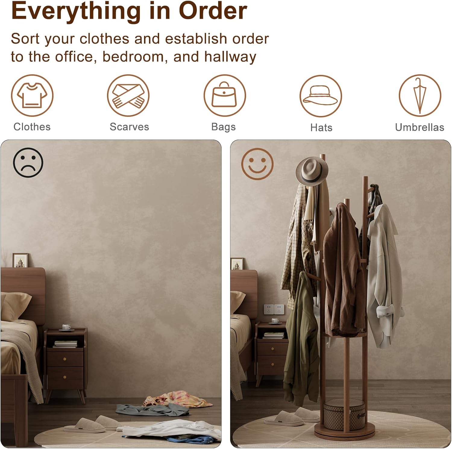 Muwuele Solid Wood Rotary Coat Rack, Freestanding Coat Rack with 3 Shelves and 9 Hooks, Coat tree for Bedroom, Entryway, Livingroom, Coat Hanger Stand for Coats, Scarves, Handbags (Walnut)