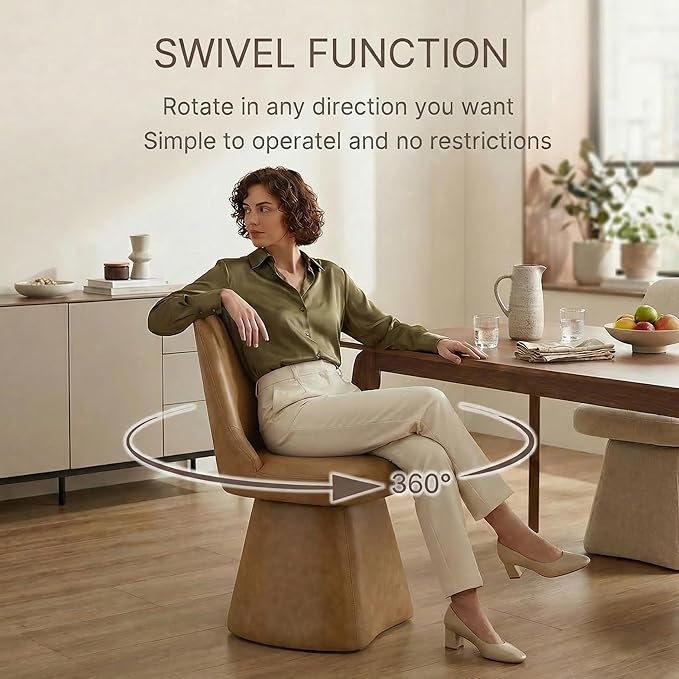 Swivel Dining Chairs Set of 4, Upholstered Mid Century Modern Deskchair with High Back, Faux Leather Kitchen Chairs for Dining Room, Bedroom, Dressing Room, Brown