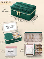 Velvet Travel Jewelry Box with Large Mirror, Double-Layer Jewelry Organizer Case for Women and Girls, Portable Storage Case with 6 Anti-Tarnish Bags Gift Ready for Her (Emerald Green)
