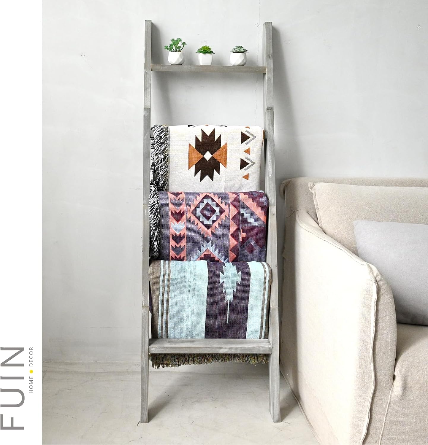 Blanket Ladder, 5ft Rectangle Rung Rustic Solid Wood Decor Rack, Grey | 5 rungs, farmhouse quilt display holder, showcase picture frames or plants, leaning wall, bathroom and living room use