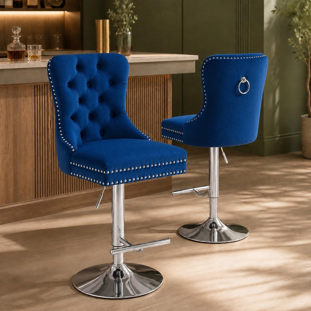 Blue Modern Swivel Bar Stools Set of 2, Velvet Counter Height Bar Stools for ...
