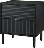 Sango Merk 2-Drawer Nightstand, Modern Black Bedside Table with Cylindrical Wood Legs, Vertical & Horizontal Groove Patterns, Discreet Metal Finger Pulls, Smart Storage for Living Room or Office Room