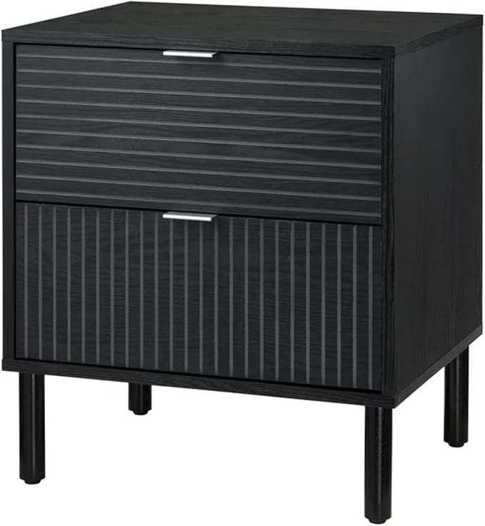 Sango Merk 2-Drawer Nightstand, Modern Black Bedside Table with Cylindrical Wood Legs, Vertical & Horizontal Groove Patterns, Discreet Metal Finger Pulls, Smart Storage for Living Room or Office Room
