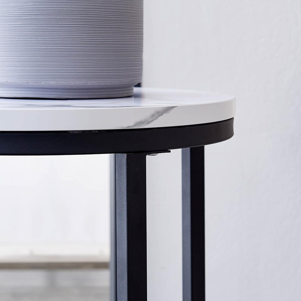 Modern Side Table with Faux Marble MDF Top, Black Metal X-Base, Compact End T...