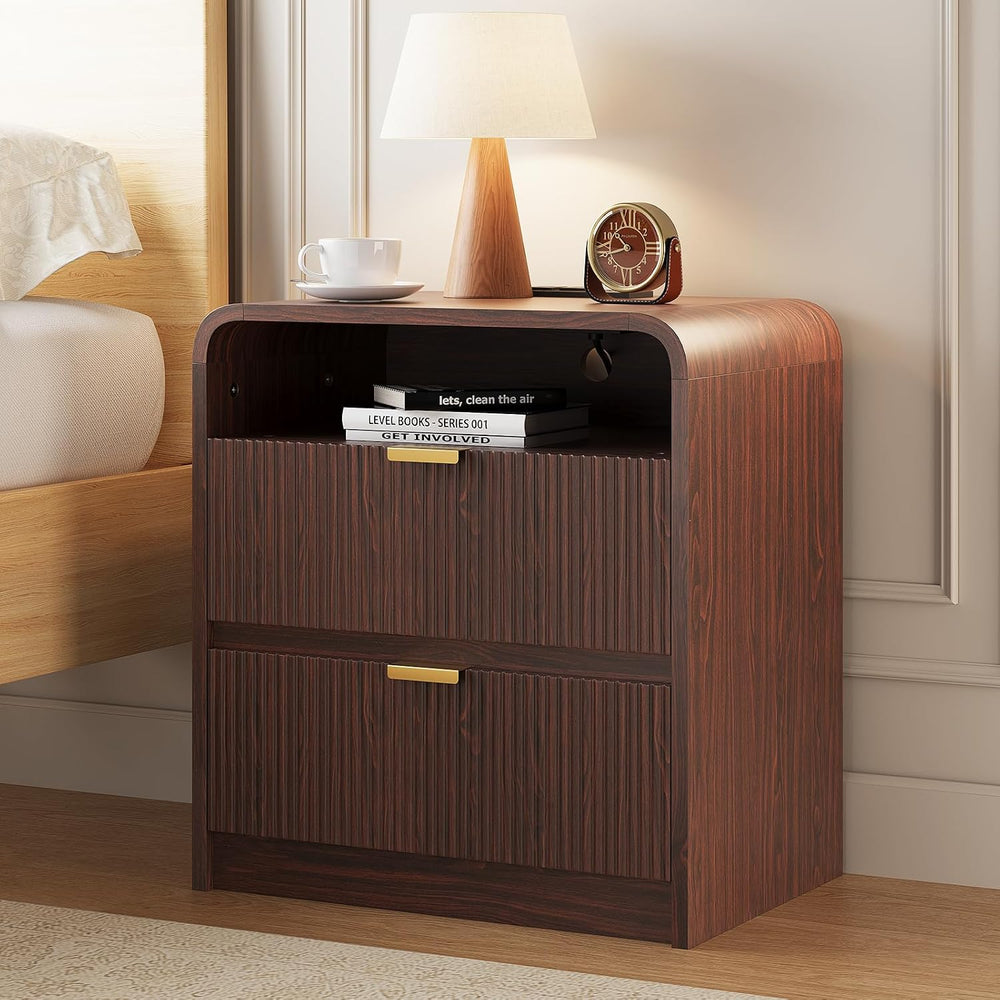 FURSUN 24" Fluted Nightstand with Charging Station, Wooden End Table wit...