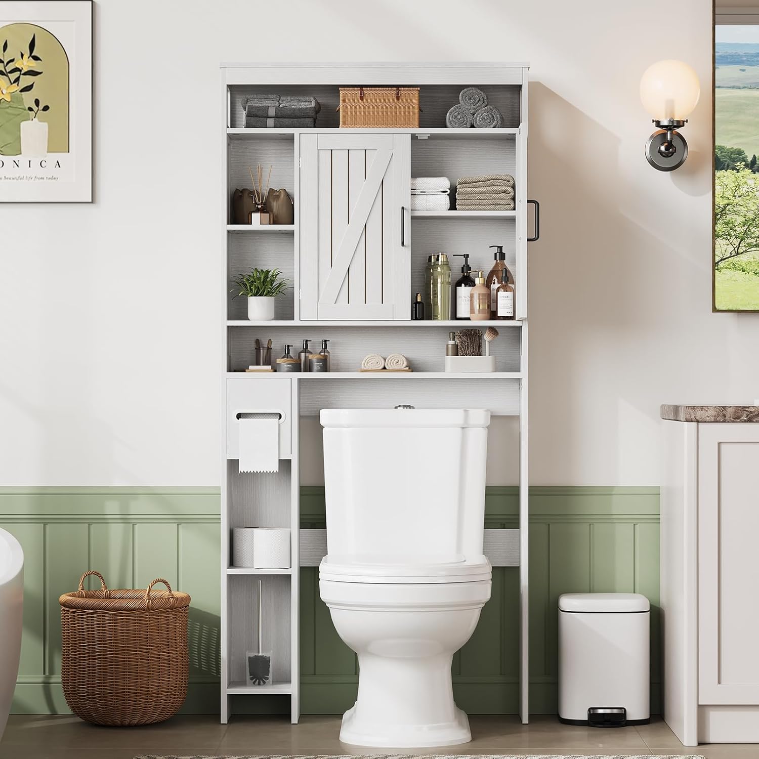 Over The Toilet Storage Cabinet with 6 Shelves, Farmhouse Bathroom Storage Cabinet with 2 Barn Door & Toilet Paper Holder Stand, Toilet Shelf with Adjustable Shelf for Bathroom Laundry