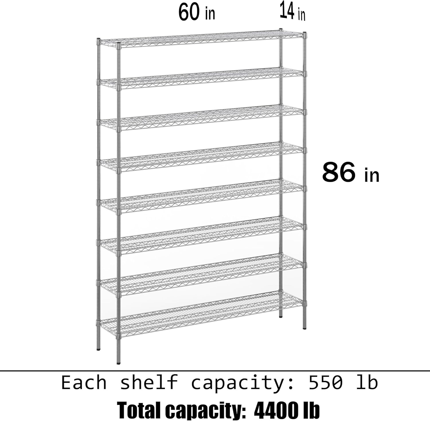 14" Deep x 60" Wide x 86" Height Wire Shelving Kit | 8-Tier | NSF Commercial Storage Rack Unit