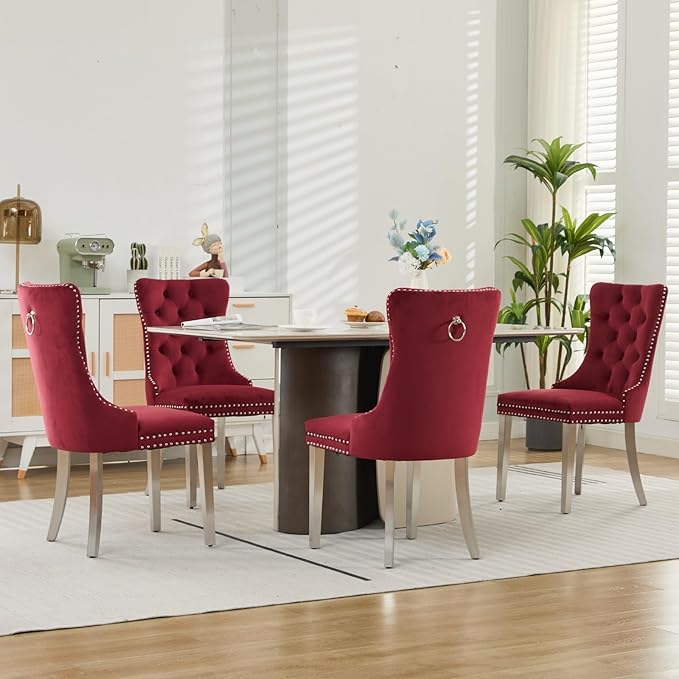Mid Century Modern Dining Chairs Set of 2, Velvet Upholstered Kitchen & Dining Room Chairs with Nailhead Trim & Brushed Silver Metal Legs, Tufted Kitchen Chairs, Elegant Sillas De Comedor (Red, 2 Pcs)