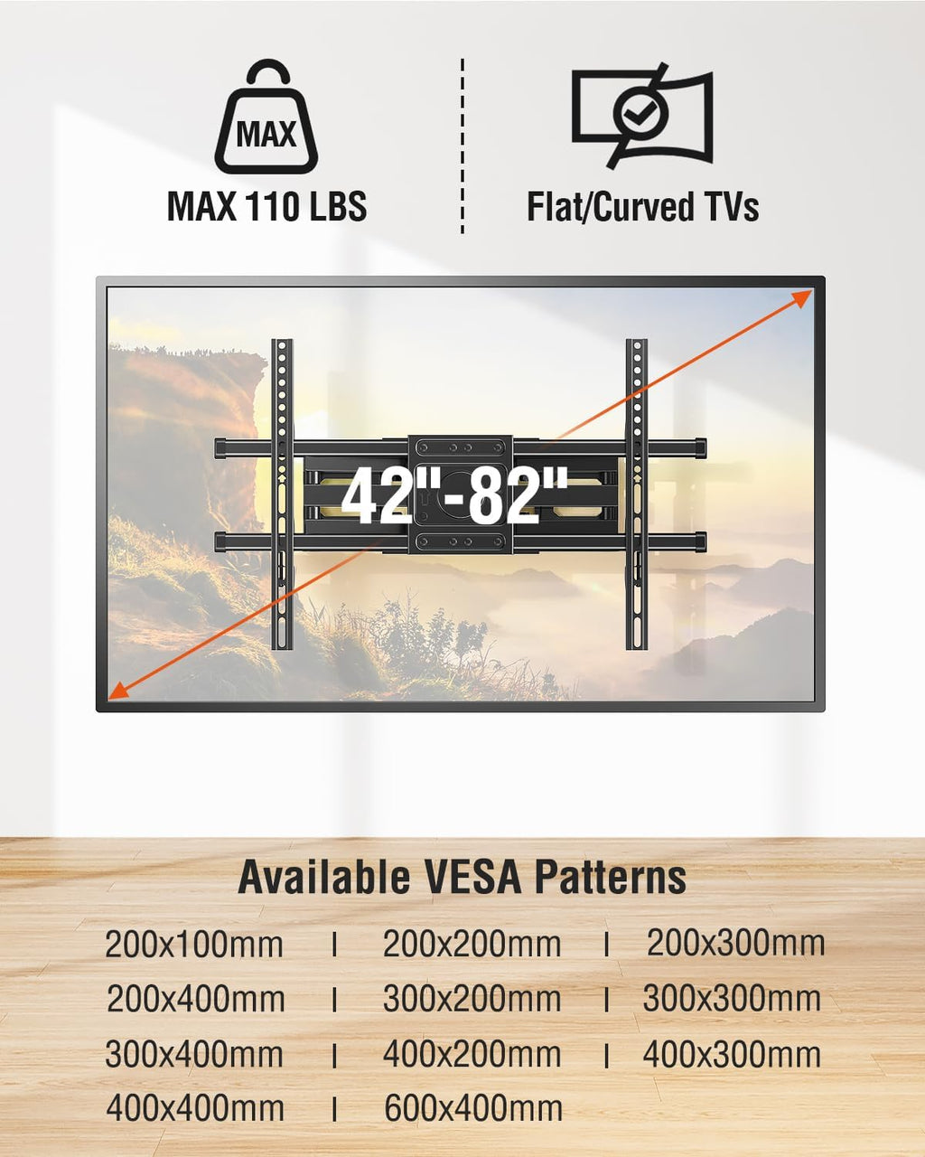 ELIVED TV Wall Mount for Most 42-82" Flat Curved TVs, Heavy Duty TV Mount with Articulating 6 Arms Hold up to 110 lbs, Full Motion Bracket Swivel, Tilt, Easy Install Fits 16" Studs, Max VESA 600x400mm