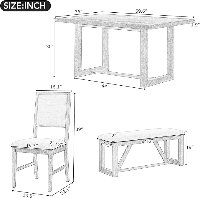 Merax Farmhouse Wood 6-Piece Dining Set, 59.6 inch Rectangular Table, 4 Uphol...