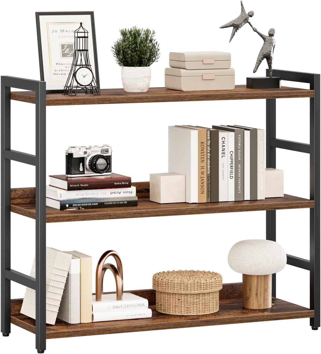 NUMENN Wide Bookshelf, 3 Tier Freestanding Shelving Unit, Vintage | Metal Frame & Wood Shelves, Falling Prevention Baffle, Open Storage Bookcase for Bedroom, Living Room & Home Office
