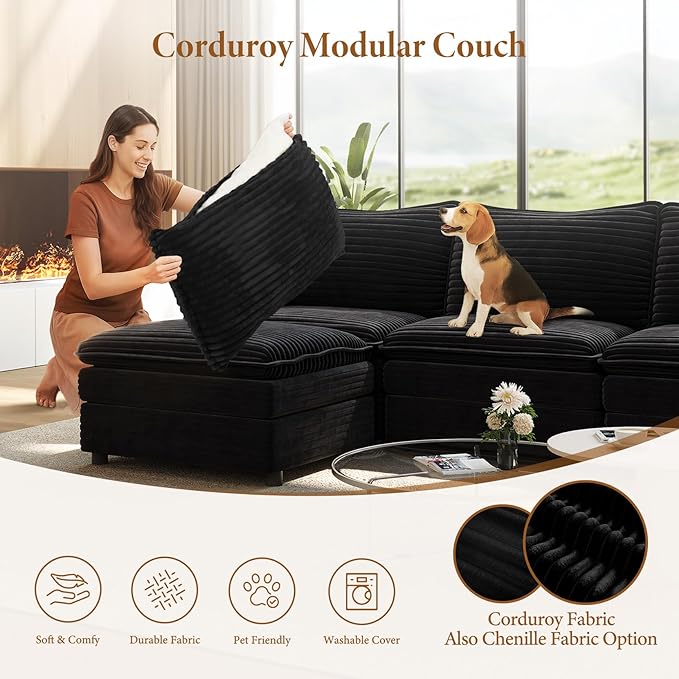 Vesgantti 108" U Shaped Sectional Couch, Comfy Cloud Modular Sectional Sofa with 2 Ottoman Deep Seat Corduroy Modern Cloud Sofa, Modular Sofas for Living Room, Bedroom and Apartment, Black