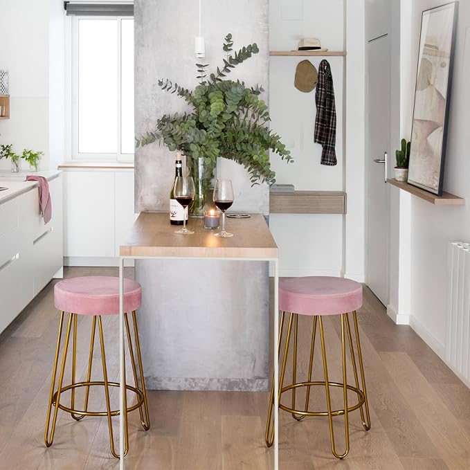 Yaheetech Bar Stools Set of 2, Velvet Round Counter Stools, Backless Counter Height Bar Chairs with Golden Legs for Kitchen Dining Room Pub Cafe, Pink