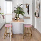 Yaheetech Bar Stools Set of 2, Velvet Round Counter Stools, Backless Counter Height Bar Chairs with Golden Legs for Kitchen Dining Room Pub Cafe, Pink