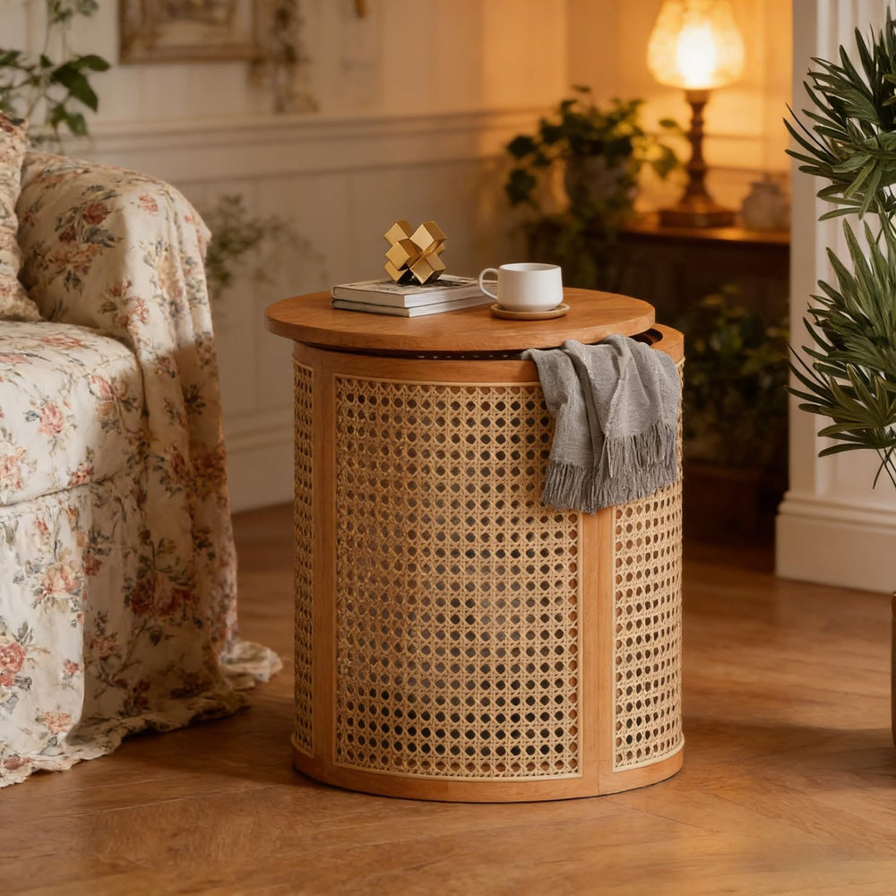 Hollow Woven Rattan Side Table, Round End Table for Living Room, Coffee Table...