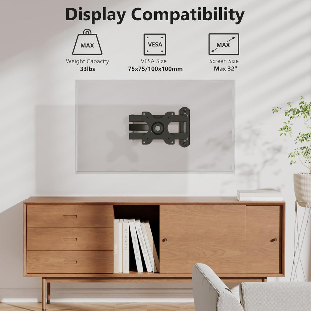 WALI TV Wall Mount Articulating LCD Monitor Full Motion 15 inch Extension Arm Tilt Swivel for Most 13 to 32 inch LED TV Flat Panel Screen with Mounting Holes up to 100x100mm (1330LM), Black