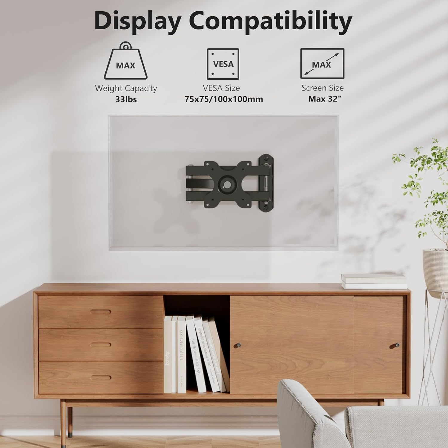 WALI TV Wall Mount Articulating LCD Monitor Full Motion 15 inch Extension Arm Tilt Swivel for Most 13 to 32 inch LED TV Flat Panel Screen with Mounting Holes up to 100x100mm (1330LM), Black