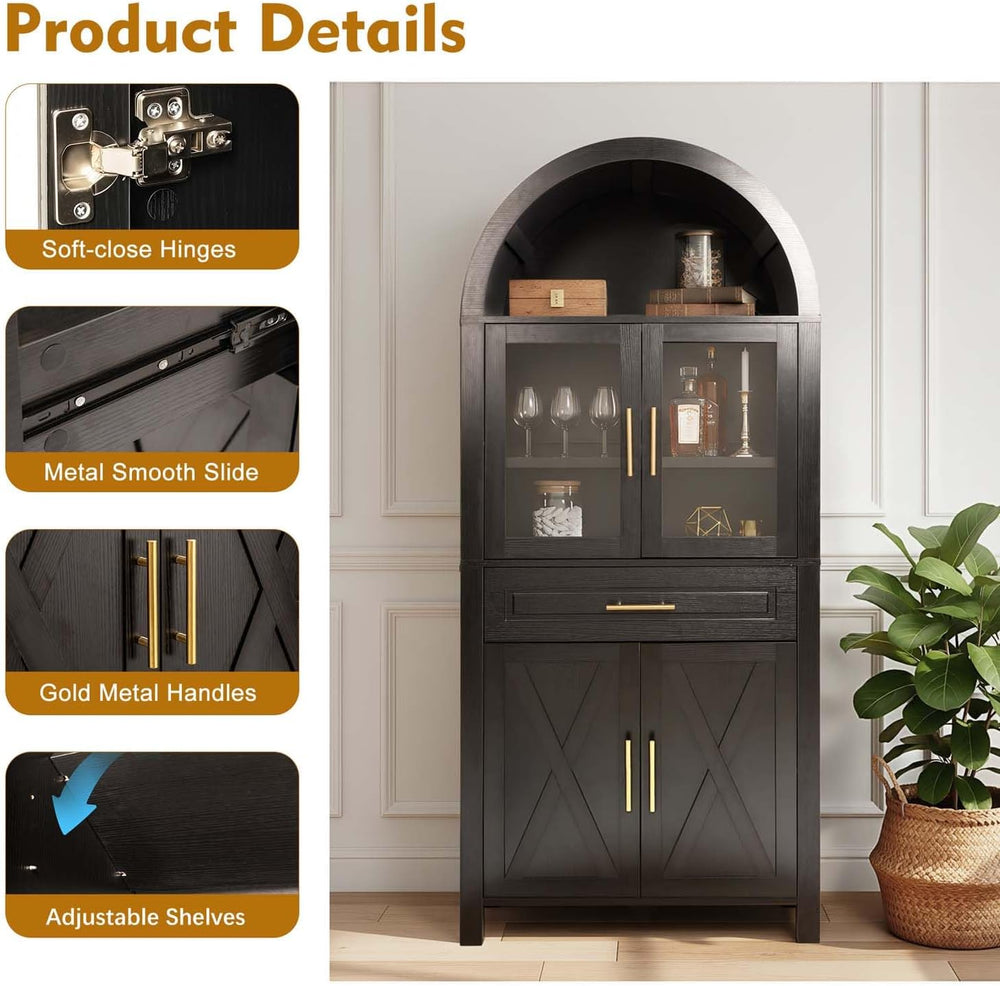 71" Tall Arched Kitchen Pantry Cabinet with Glass Door, Versatile Cupboa...