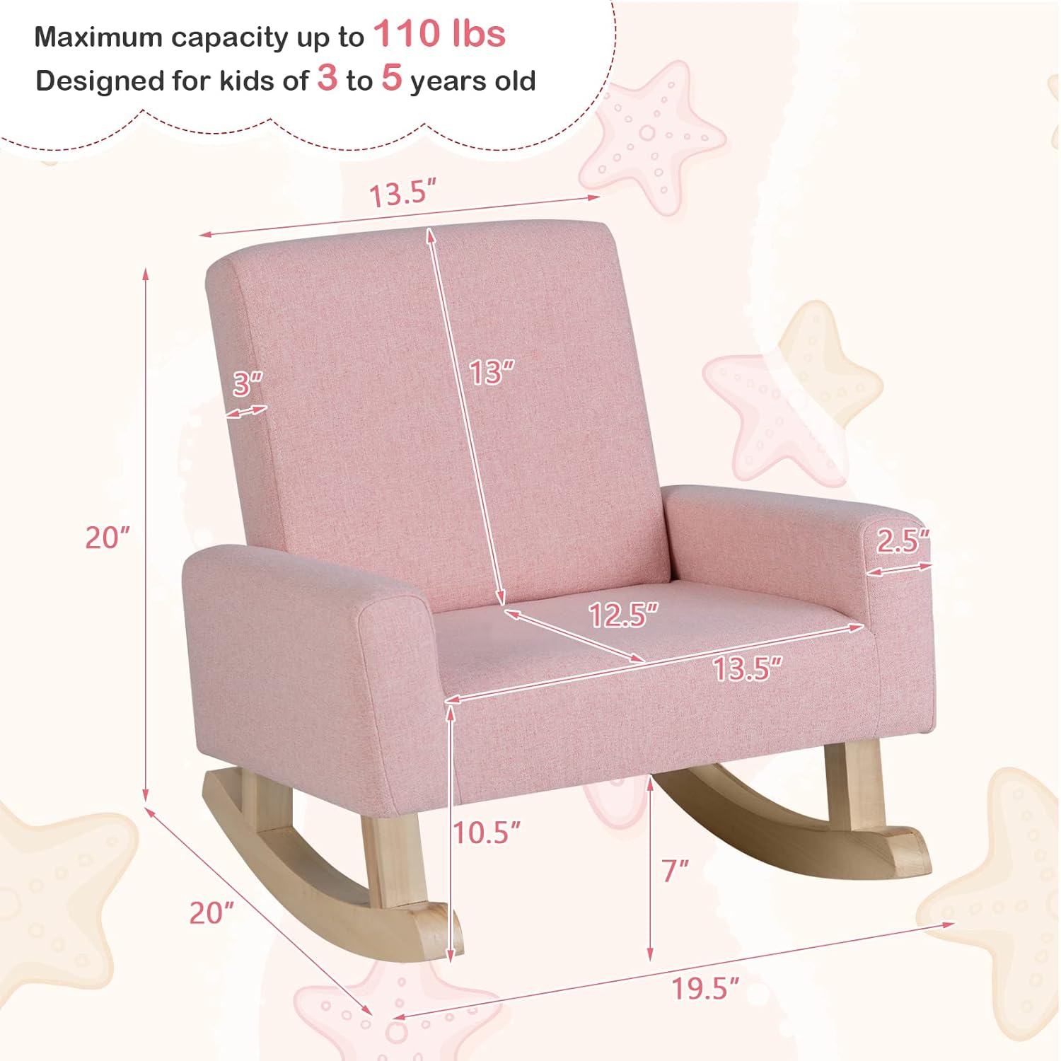 Costzon Kids Sofa, Toddler Rocking Chair with Solid Wood Frame, Linen Fabric, Anti-Tipping Design, Children Furniture Armchair for Kids Room, Nursery, Playroom, Preschool, Gift for Boys Girls (Pink)
