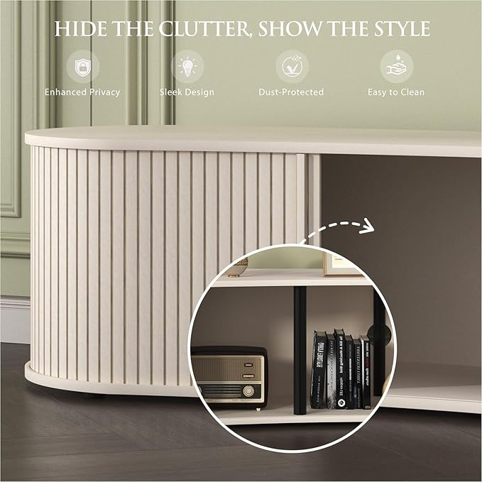 Fluted TV Stand with Storage Cabinet, 59″ Media Console with Sliding Tambour Door, Mid Century Modern Entertainment Center for Living Room, Oval Light Wood TV Stand for Bedroom, Off White