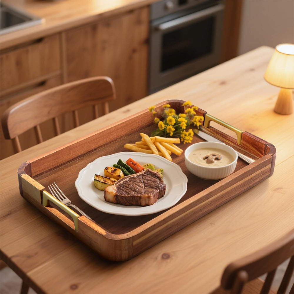 Acacia Wood Serving Tray with Metal Handles, 17x12in Food Drinks Tray for Cof...