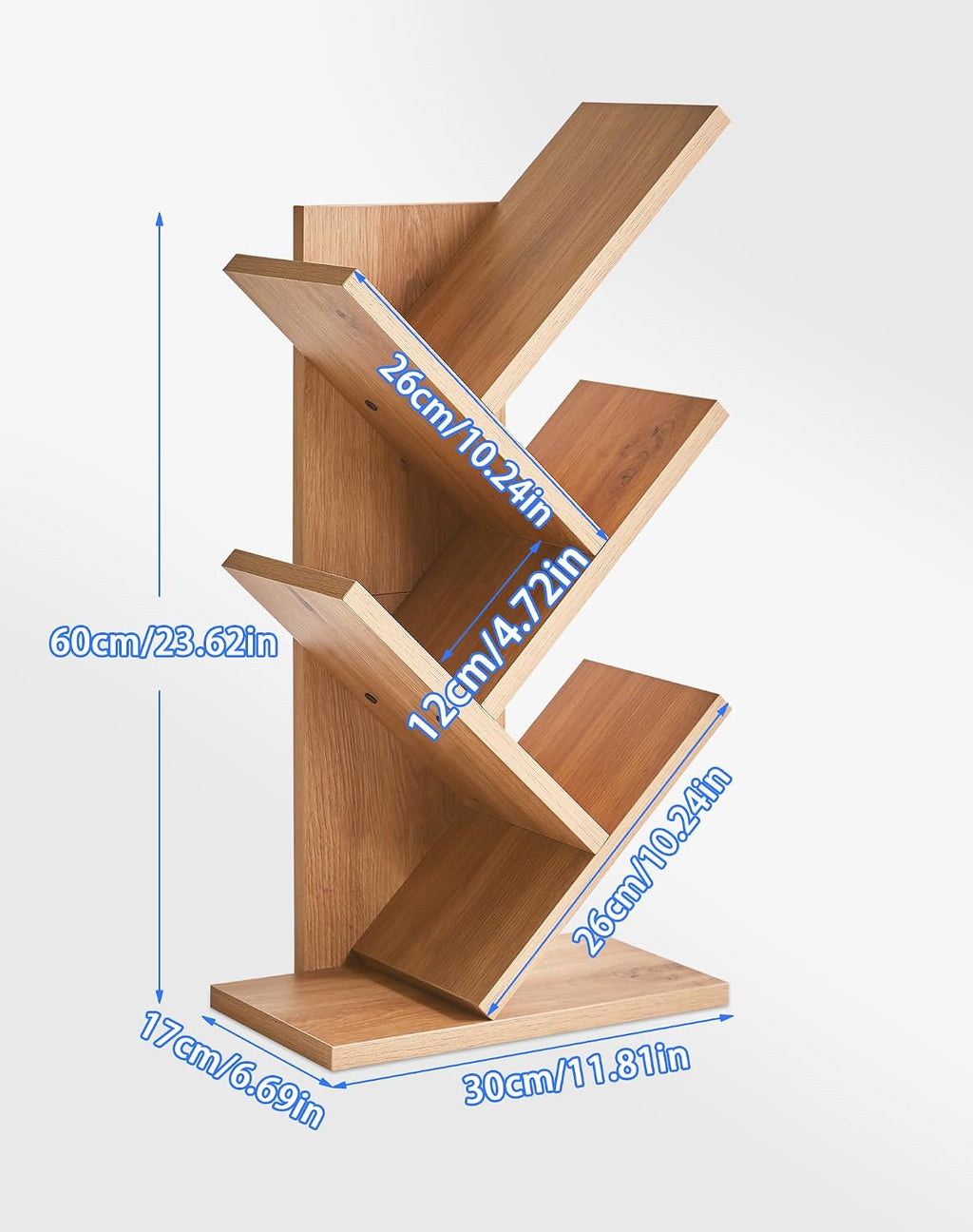 YMYNY 4 Tier Tree Bookshelf, Small Bookcase, Modern Wood Book Storage Rack, Freestanding Book Shelf for Books/Movies/CDs, Narrow Display Rack for Living Room, Home Office, Light Oak UHBC014K