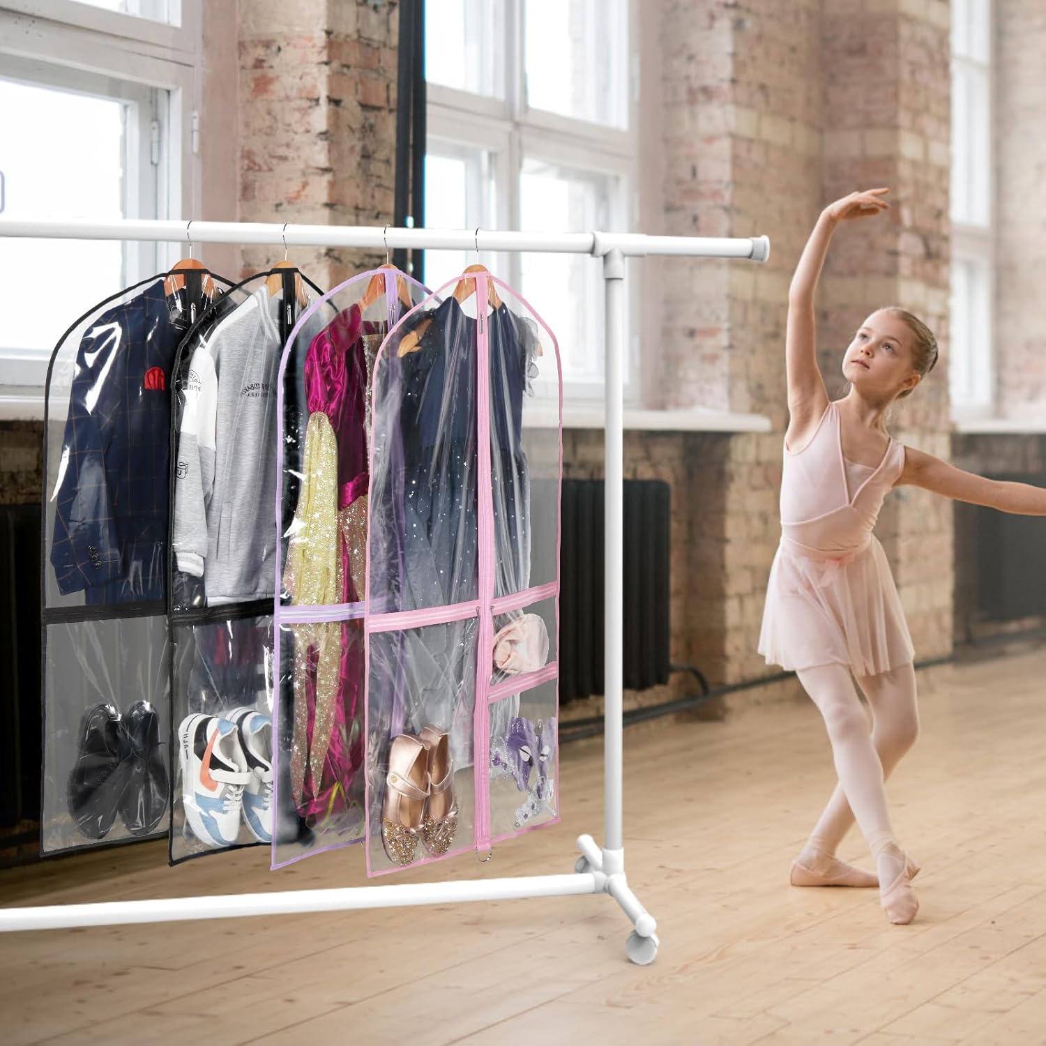 Clear Garment Bags for Dance Costumes, 40” Dance Garment Bags for Dancers, Kids Garment Bag for Dance Competitions with 3 Zipper Pockets, Garment Bags for Hanging Clothes, 6 Pack, Pink