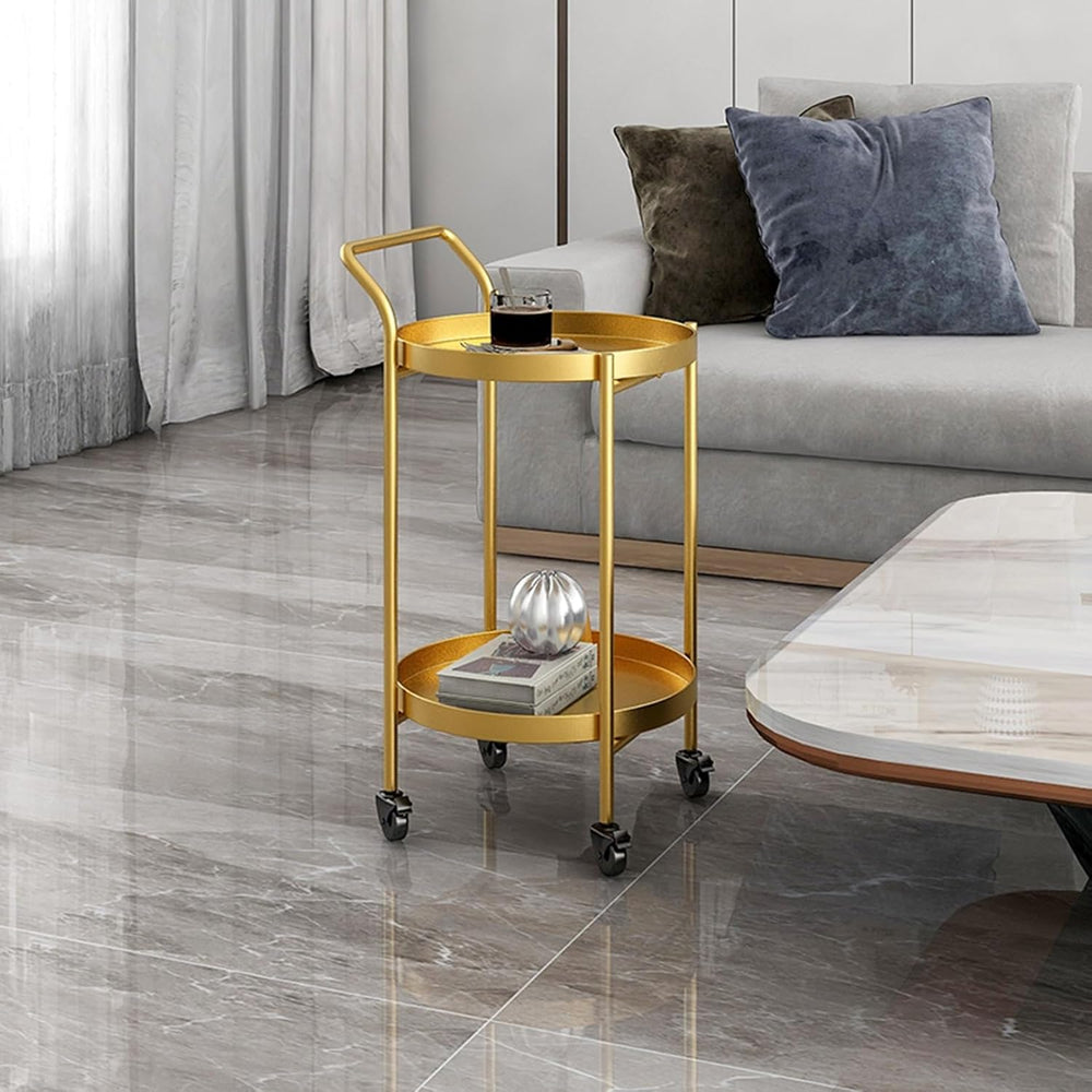 Round Side Table Metal End Coffee Table with Wheel Movable Tray Sofa Cart(Gol...