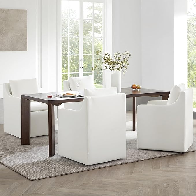 Upholstered Dining Chairs Set of 4, Washable Cover Modren Deskchair with 4 Casters & Hidden Storage for Dining Room, Living Room, Home Office, Cream, 4 Box