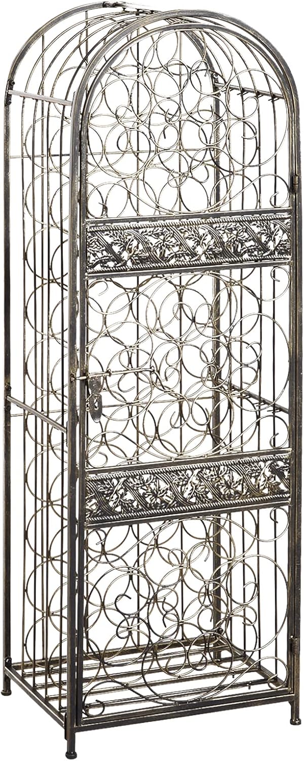Wine Rack Cabinet, 45-Bottle Wrought Iron Wine Storage Cage with Lock, Antiqu...