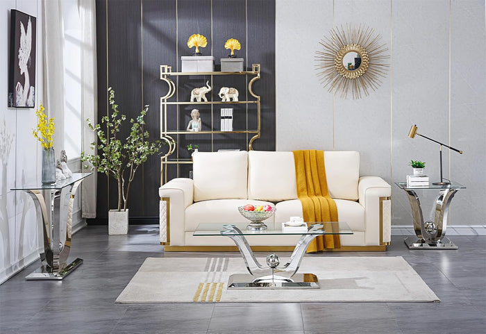 Luxury Glass Coffee Table Set of 3 Piece Silver Living Room Table Set of 3 Including Coffee and End Tables Set,Gorgeous Stainless Steel Frame, Clear Glass Top for Living Room Home Office Apartment