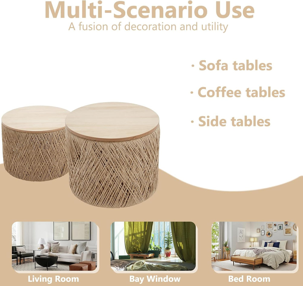 Kmax 24" Round Wood Nesting Coffee Table Set of 2 Handcraft Woven & ...