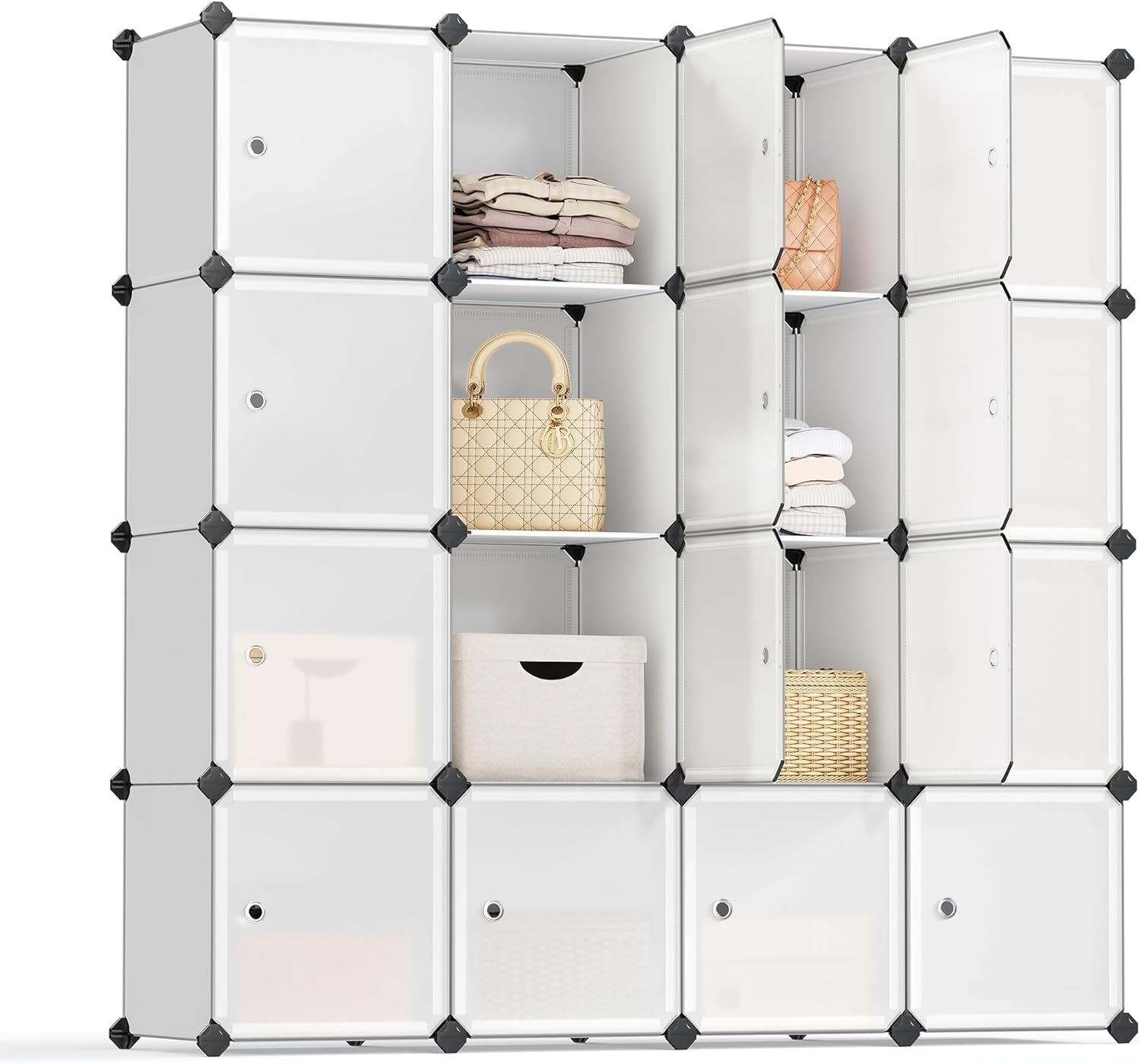 SONGMICS Cube Storage Organizer, Set of 16 Plastic Cubes, Closet Storage Shelves, DIY Plastic Closet Cabinet, Modular Bookcase, Shelving with Doors for Bedroom, Living Room, White ULPC44BSV1